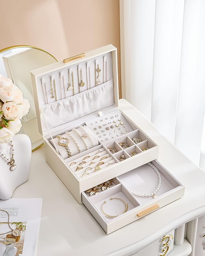 Lolalet 2-Layer Jewelry Box Organizer Holder for Women Girls Mom -Beige | Jewelry Storage Case with Drawers for Necklaces Ring Earrings Bracelet Watch, Gifts Choice for Mom Mother’s Day