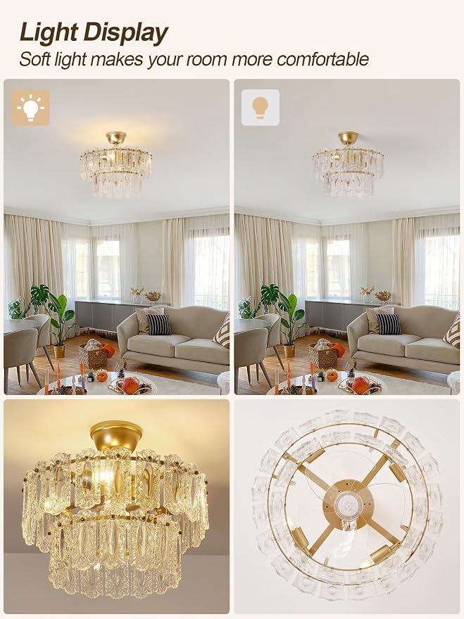 Gold Crystal Fandelier Ceiling Fan with Light, 20" Caged Chandelier Ceiling Fan with Light Remote Control, Mid-Century Enclosed 6 Speeds for Bedroom, Nursery, Living Room, Foyer