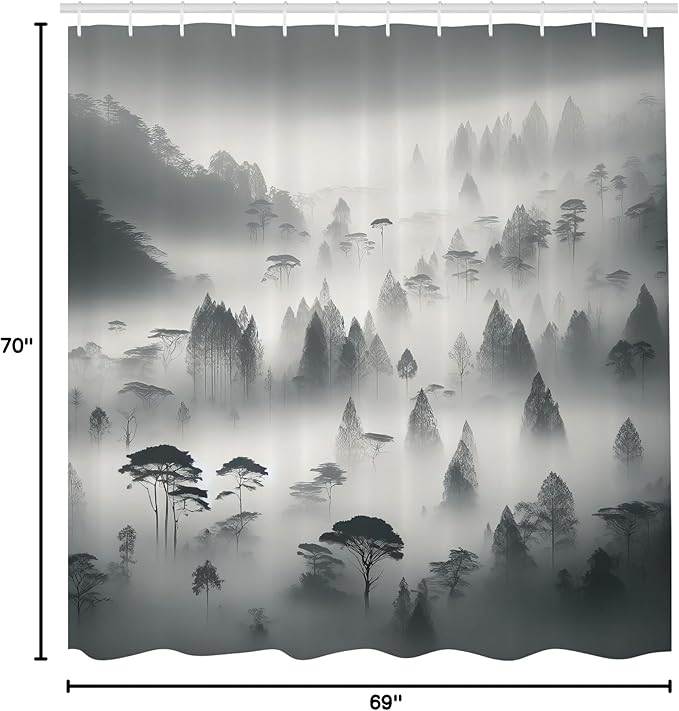 Ambesonne Grey Shower Curtain, Misty Woodland Scenario with Mountains and Trees Monochrome Autumnal, Cloth Fabric Bathroom Decor Set with Hooks, 69" W x 70" L, Dark Cadet Blue Off White
