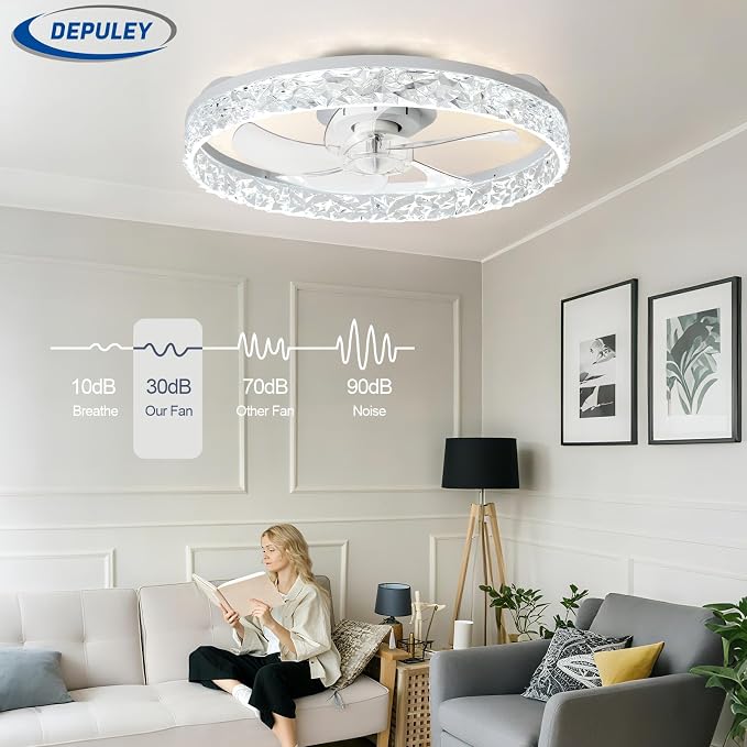 Depuley Ceiling Fans with Lights and Remote: Full Package 20" Modern Low Profile Flush Mount LED Ceiling Fan for Bedroom App Control - White Crystal Bladeless Fandelier for Laundry Room Kitchen