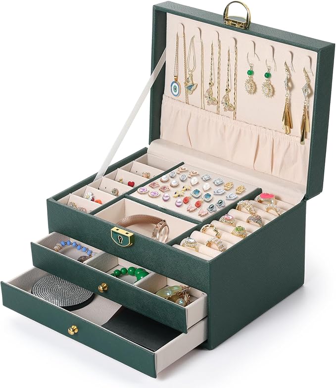 coobest 3 Layer Jewelry Box, Jewelry Holder Organizer with 2 Drawer Tray, Large boxes for Women Velvet Earring Organizer, Lockable & Organizers, Birthday Gifts for Women Mom, Green