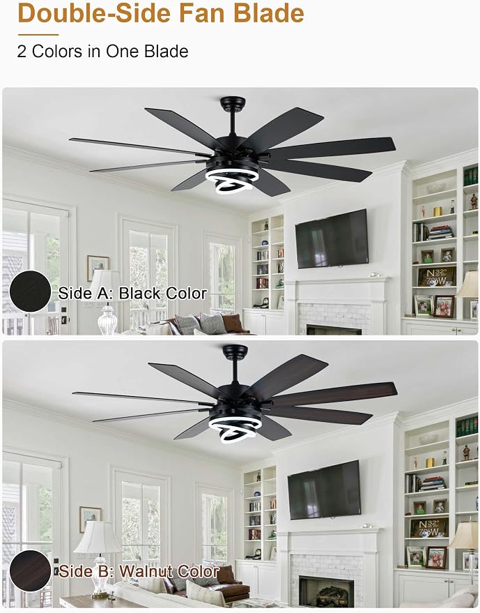 72" Large Black Modern Ceiling Fans with Lights | Remote, 6-speed reversible DC motor, dimmable, 3 adj rings; suitable for indoor/outdoor use, living room & kitchen.