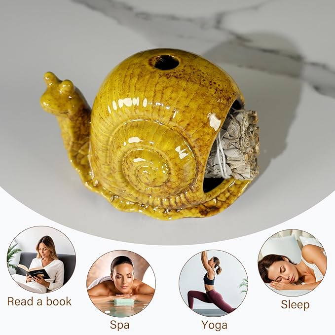 MOUGIGI Handcrafted Yellow Ceramic Snail Palo Santo Holder - Mini Fireplace Incense Burner for Sage, Wood Sticks, Cones & Tealights - Unique Aromatic Smudge Bowl for Yoga and Meditation Gifts