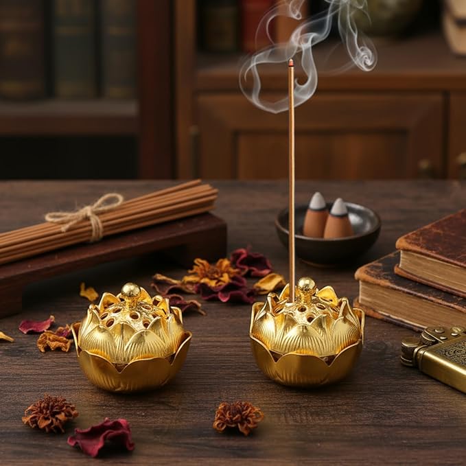 30 Pcs Return Gifts for Pooja Incense Holder Indian Return Gifts Lotus Flower Incense Burner Holder Sticks Cone Burner Ash Catcher with Lid for Pooja Indian Wedding Party Supplies(Golden)
