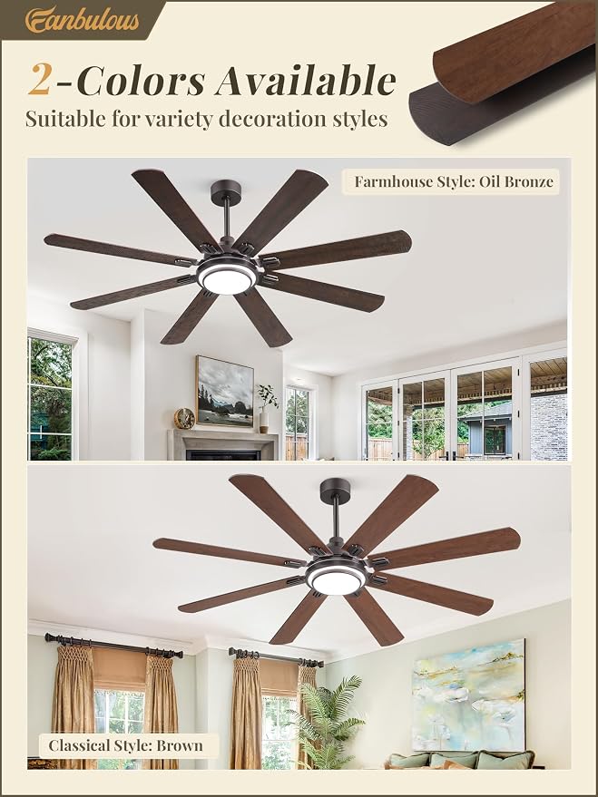 Fanbulous 65 Inch Ceiling Fans with Lights and Remote, Oil Bronze Ceiling Fan with 8 Dual-Color Blades, Indoor Large Ceiling Fans, Reversible DC Motor, 6-Speed, 3CCT for Living Porch Patio