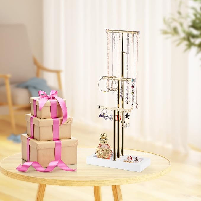 Love-KANKEI 3-Tier Jewelry Organizer Stand,Adjustable Height,White/Gold | Metal Rod,Solid Wood Base,Easy to Install,Tree Style,Display Long Necklaces,Bracelets,Earrings,Rings,Watches,Bangles,Gift