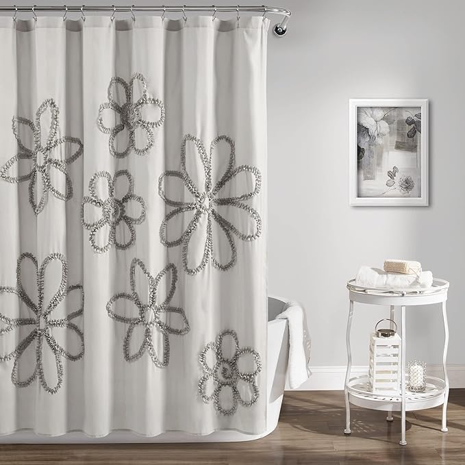 Lush Decor White Ruffle Flower Polyester Shower Curtain, 72" x 72"