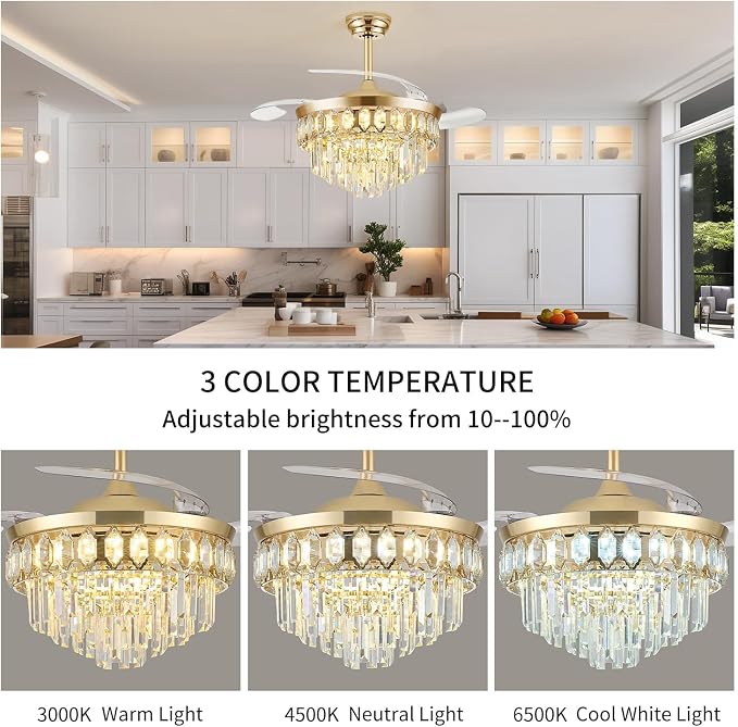 FIDGRA 48 Inch Fandelier Ceiling Fan with Light, Retractable Ceiling Fan with Lights Chandelier Fan for Bedroom, Living Room, 3 Color Temperature, 6 Wind Speed-Gold