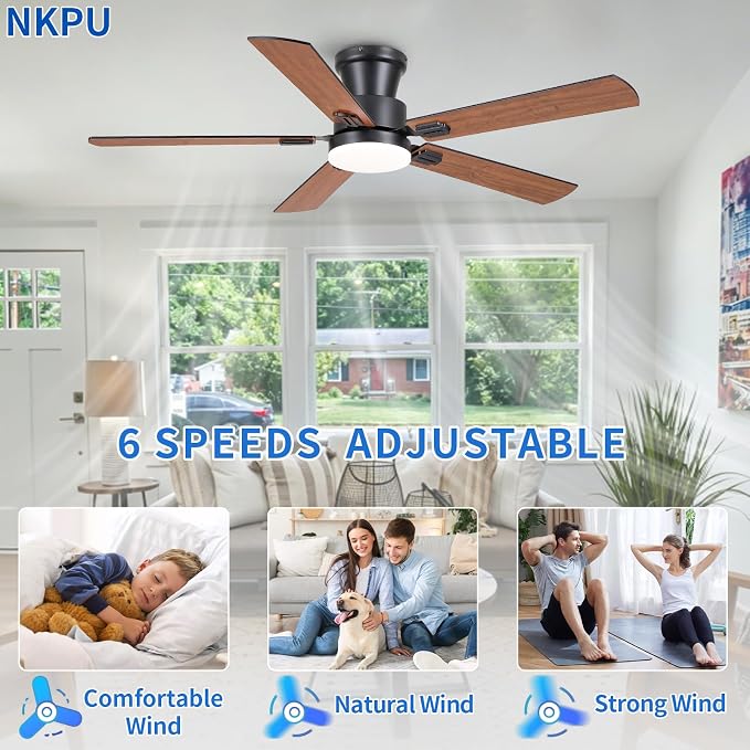 NKPU 52" Ceiling Fans with Lights, Low Profile Ceiling Fan with Light and Remote/APP Control, 6 Speed, Dimmable, Safe Quiet DC Motor, Brown Flush Mount Ceiling Fan for Bedroom Indoor/Outdoor Use