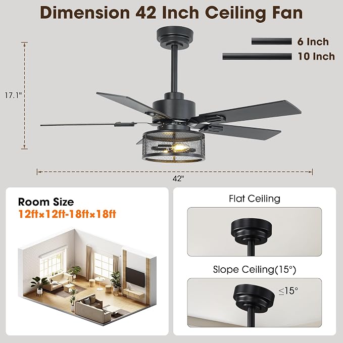 42" Farmhouse Ceiling Fan with Light and APP & Remote Control, 6-Speed Reversible Quiet DC Motor, Black Industrial Rustic Caged Ceiling Fan for Bedroom Apartment Patio, Timing Function