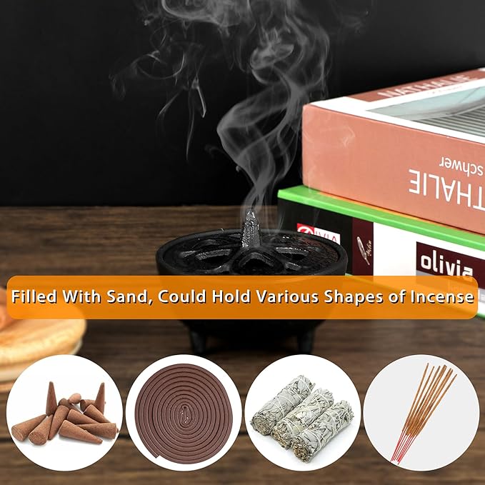 JUXYES Vintage Tripod Incense Burner Holder with Lid, Cast Iron Incense Holder Metal Cauldron Censer Antique Cone Coil Incense Burner Holder for Incense Resins, Charcoal, Cones or Wax Melts