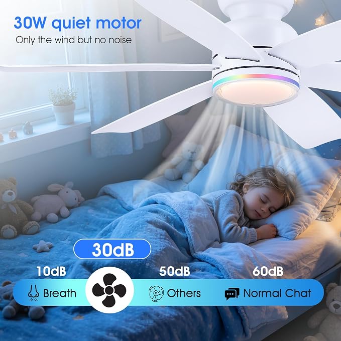 Kviflon 46" Modern Ceiling Fans with RGB Lights Remote/APP Control, Low Profile Flush Mount Ceiling Fan, 6 Reversible Plastic Blades 6 Speeds, RGB + 3 CCT Dimmable Lights for Bedroom Kidsroom, White