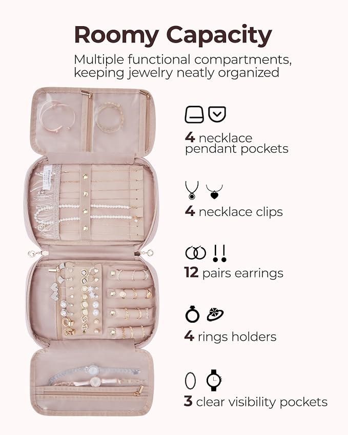 BAGSMART Jewelry Organizer Case Large Travel Jewelry Storage Bag for Necklace, Earrings, Rings, Bracelet, Soft Pink (Pack of 2)
