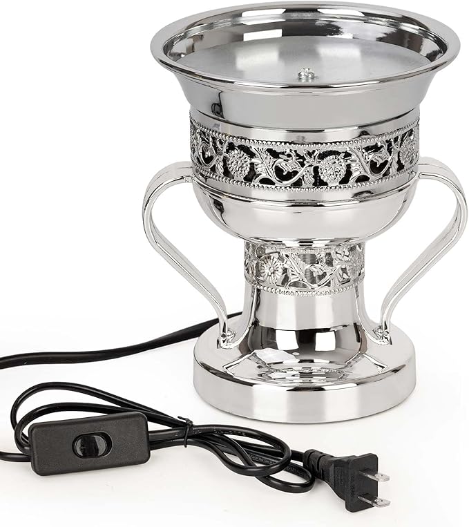 Electric Incense Burner, Arabian Style Electric Incense Holder, Middle Eastern Tabletop Decorative Censer for Yoga Spa Home Office Christian Church Decor, US Plug (Silver)