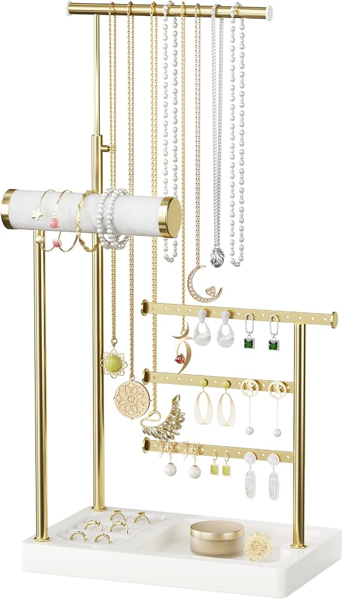 SZQINJI 5 Tier Jewelry Holder Organizer, Gold Necklace Stand Display, White | Velvet Bracelet Holder, Adjustable Height Jewelry Display for Necklaces, Bracelets, Earrings, Rings, Gift Idea for Women
