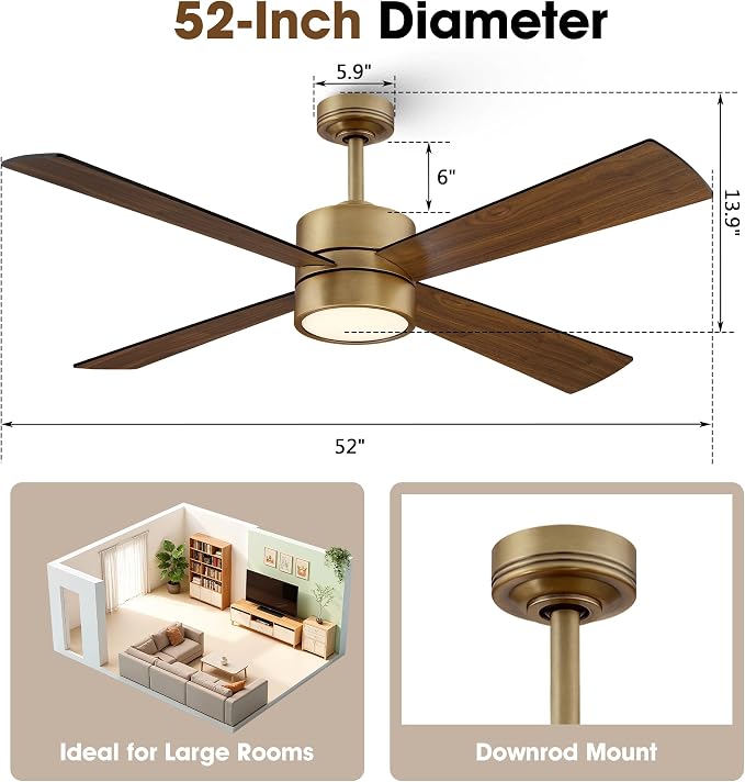 52 Inch Gold Ceiling Fan with Lights and Remote, Modern Ceiling Fan with APP Control, Reversible DC Motor, Dimmable, White & Walnut Blades for Bedroom, Living Room, Dining Room