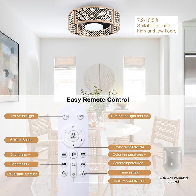 Ganeed 20" Boho Caged Fandelier with Lights, 18W Dimmable LED Rattan Ceiling Fan with Lights and Remote Control, Enclosed 6 Speeds RGB Low Profile Bamboo Fan Light for Bedroom, Living Room, Kitchen