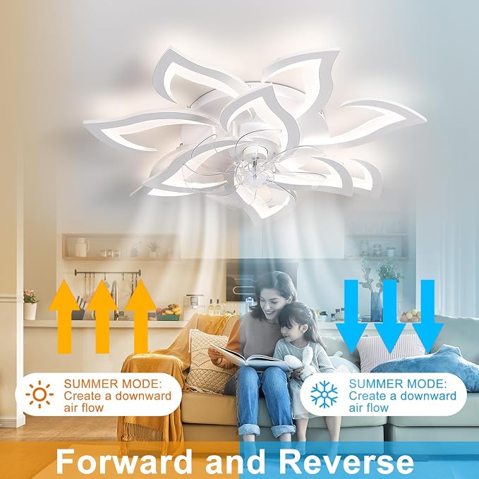 32" White Flower Ceiling Fan with Light Remote Control, Low Profile Flush Mount Ceiling Fan for Kitchen Bedroom Living Room