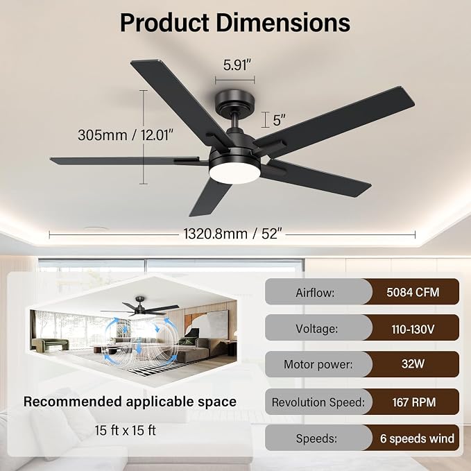 52 Inch Black Ceiling Fans with Lights and Remote, Low Profile 5 Blades Ceiling Fan with Downrods, Reversible, 3CCT, Dimmable, Noiseless for Living Room, Bedroom and Patio