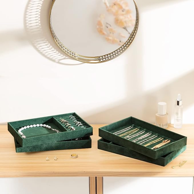 ProCase Stackable Jewelry Organizer Trays for Drawers, Jewelry Drawer Inserts Container Display Case Storage for Earring Necklace Rings Bracelet with Removable Dividers -Green, 4 Layers
