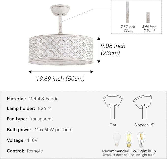 White Fandelier Ceiling Fan with Light, 20" Caged White Chandelier Ceiling Fans with Lights Remote Control, Fabric Mid-Century Modern with 6 Speeds for Bedroom, Nursery, Living Room.