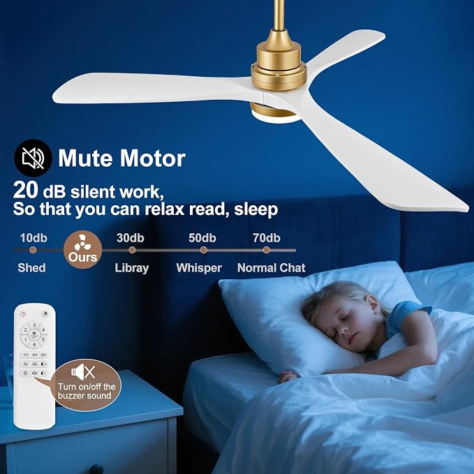 52 Inch Wood Ceiling Fans with Lights and Remote, White Gold Outdoor Ceiling Fan with Light, Dimmable 3 Blades Outdoor Fans for Patios Noiseless Modern Ceiling Fans for Bedroom Living Room