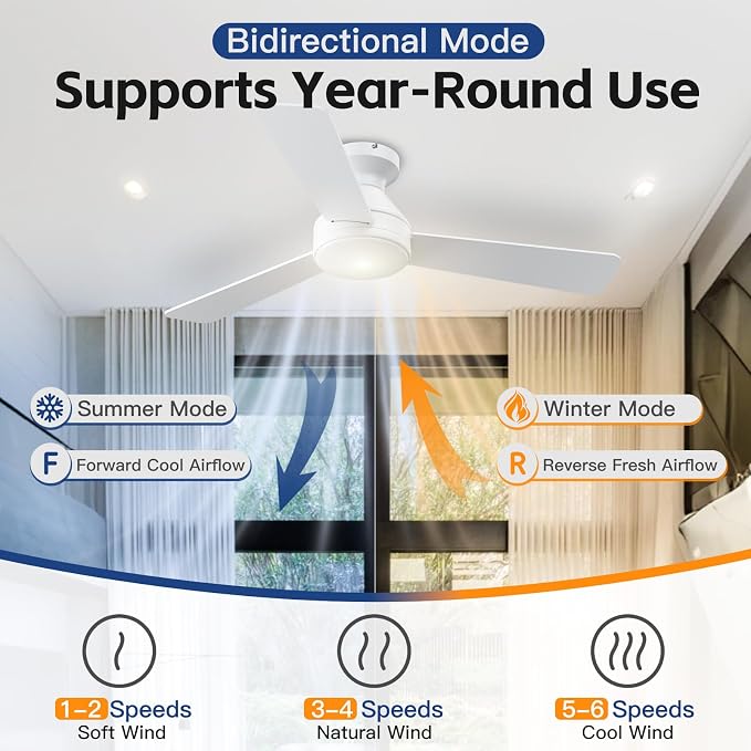 Ceiling Fans with Lights, 42 Inch Ceiling Fan with Light And Remote, 3CCT Flush Moun Low Profile Ceiling Fans, 6 Speed Noiseless LED Ceiling Fan, White Ceilings Fan with Remote for Bedroom Living Room