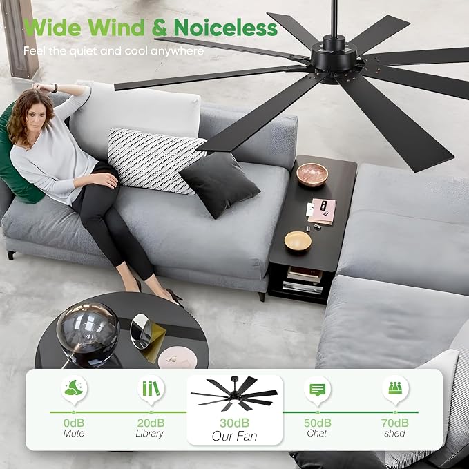 62 Inch Outdoor Ceiling Fan with Light for Patios, Black Ceiling Fan with Light, Large Damp Rated Industrial Fan with 8 Blades, Large Airflow Indoor Exterior Fans for Patios Porch Garage Office
