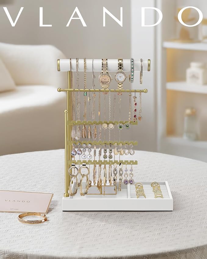 VLANDO Jewelry Stand Organizer with Ring Holder, Jewelry Holder Organizer with Tray, Necklace Holder Bracket Holder Earring Holder - White