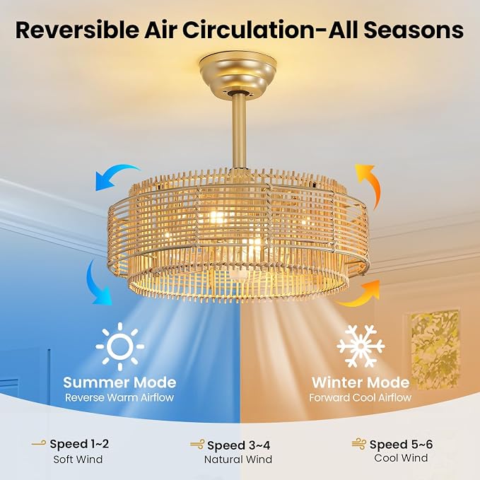 Rattan Boho Ceiling Fans Lights: 19.3'' Layered Ceiling Fans with Light and Remote Control, Farmhouse Semi Flush Mount Fandelier with Reversible 6 Speeds for Bedroom, Nursery, Living Room, E26 Base