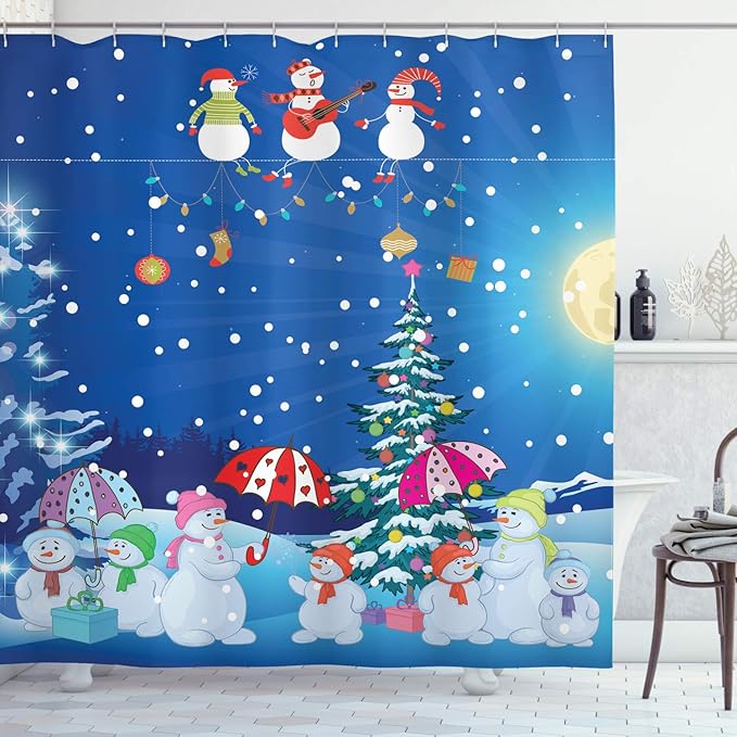 Ambesonne Christmas Shower Curtain, Jolly Snowman Party Winter Happy Cartoon Style Illustration, Cloth Fabric Bathroom Decor Set with Hooks, 69" W x 75" L, Multicolor Green
