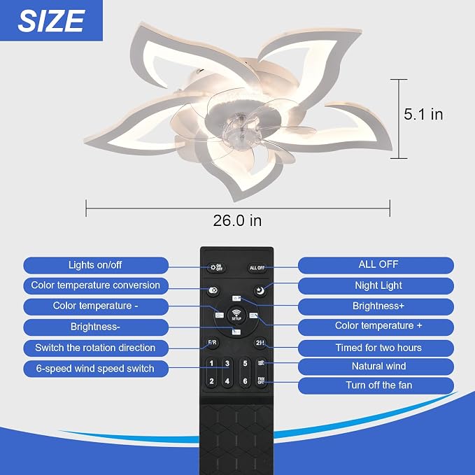 26" Geometric Ceiling Fan with Light Remote Control, 6 Speeds 3 Colors, White Low Profile Flush Mount Ceiling Light for Kitchen Bedroom Living Room