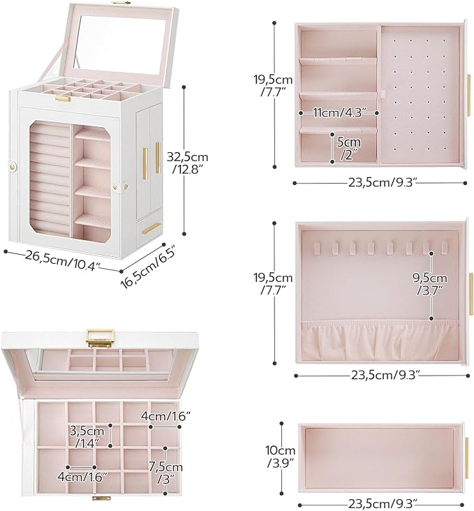 HOOBRO Jewelry Box with Mirror, Travel Jewelry Organizer with Glass Window, Jewelry Storage Case, Vertical Storage, Gift for Loved Ones, for Earrings, Rings, Necklaces, Bracelets, White WT03JB04G2