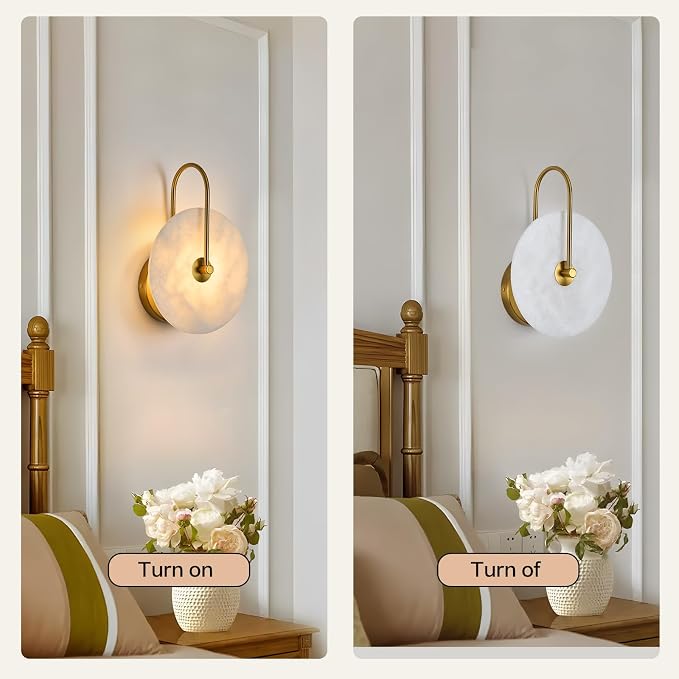 Round Alabaster Wall Sconce, Natural Marble Lampshade Wall Sconce, Hardwired Circular Sconce LED Modern Wall Lamp for Bedroom, Stairs, Living Room, Bedside, Hallway 9.84 Inch Gold