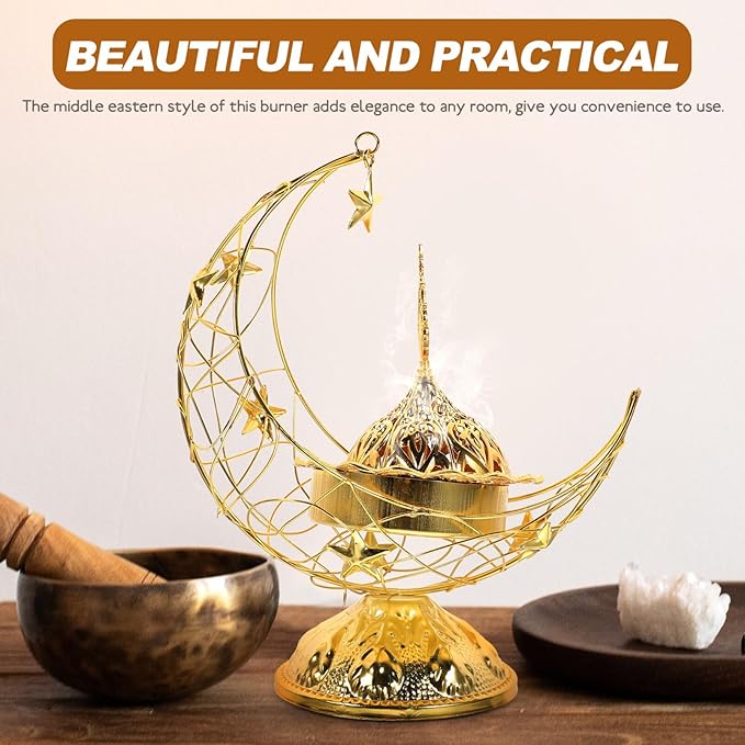 Zerodeko Arabic Incense Holder, Middle East Ramadan Incense Burner Arab Crescent Tea House Censer Handheld Aroma Furnace for Muslim Islam Festival Decoration Golden