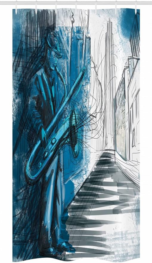 Ambesonne Music Stall Shower Curtain, Saxophone Man Playing Solo in The Street at Night Vibes Contemporary Graphic Design of Artwork, Fabric Bathroom Decor Set with Hooks, 36" W x 72" L, Blue White