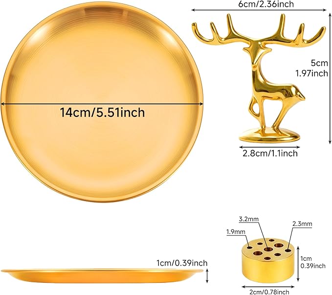 3 in 1 Incense Burner - 5.5 Inch Brass Incense Holder for Sticks, Coils and Cones with Ash Catcher - for Meditation, Yoga, Zen Room, Home Decor (Deer+Nine Holes+Disc)