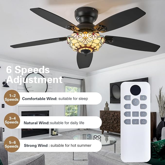Tiffany Ceiling Fans with Lights - 48" Ceiling Fan Chandelier with 5 Dual-Blades and Glass Shade, 6 Speeds and Reversible, Indoor and Outdoor, Retro Style