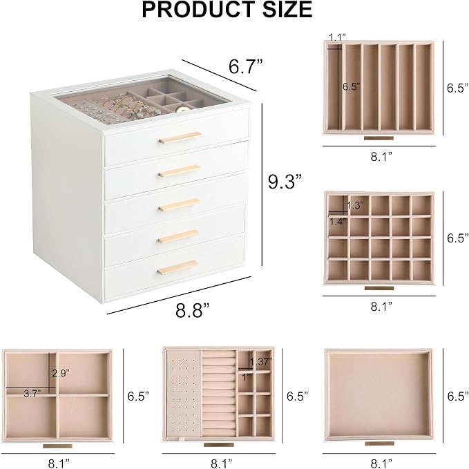 Frebeauty Jewelry Box for Women,Clear Lid Jewelry Organizer with 5 Drawers | Faux Leather,Velvet Lining,5-Layer Large Capacity,Jewelry Storage for Rings Earrings,Dustproof Design,Golden Stylish Handle