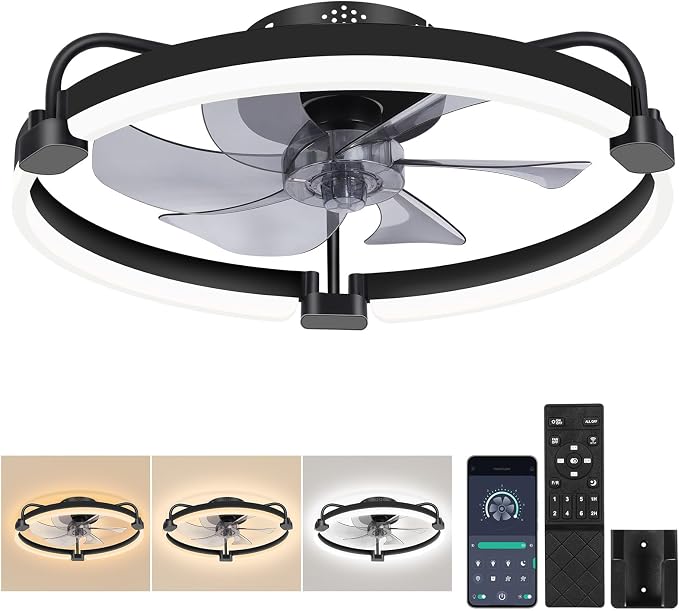 OUTON 20" Ceiling Fan with Light, Remote & App Control, Fandelier Low Profile Flush Mount Ceiling Fan with 3000K-6500K Stepless Dimmable, 6 Speed, Quiet DC Motor, Small Modern Ceiling Fans for Bedroom