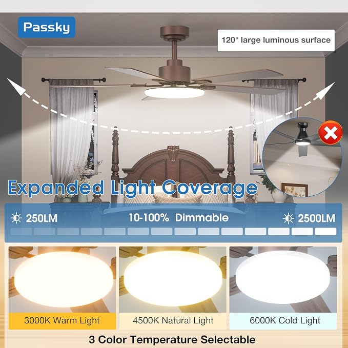 Passky Ceiling Fans with Lights, 52 inch Sleek Ceiling Fan with Light and Remote Control, 3CCT, Dimmable, Reversible, Noiseless, Brown Ceiling Fan for Bedroom, Living Room