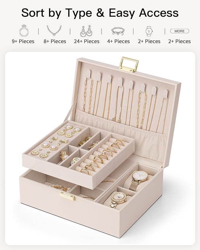 VLANDO 2 Layer Jewelry Boxes Large Jewelry Organizer for Women Removable Jewelery Tray for Watch Necklace Earrings Rings Bracelets Mothers Gifts Mom Gifts(Apricot White)
