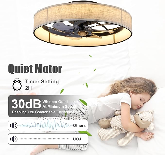 19.6" Flush Mount Caged Ceiling Fan with Light and Remote,Boho Farmhouse Bladeless Fabric Design, Dimmable LED 3 Colors,6 Speeds, Low Profile fandaliers Ceiling Fan for Bedroom Living Room