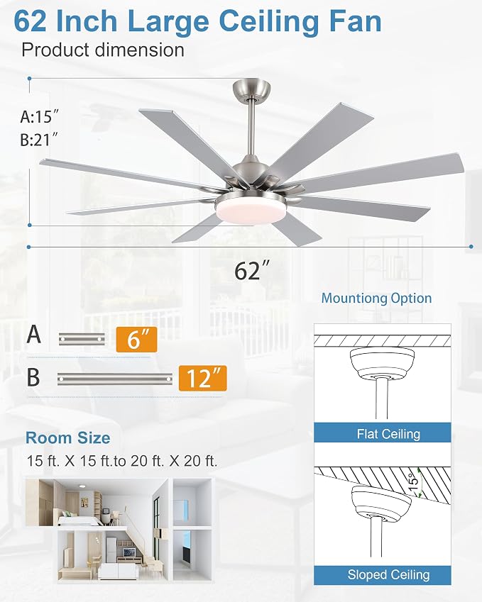 POCHFAN 62 Inch Ceiling Fans with Lights,Large Modern Ceiling fan with Remote and 8 Wooden Blades,Dimmable,6 Speeds,Noiseless Reversible Indoor&Outdoor Fan for Bedroom,Patio,Living Room