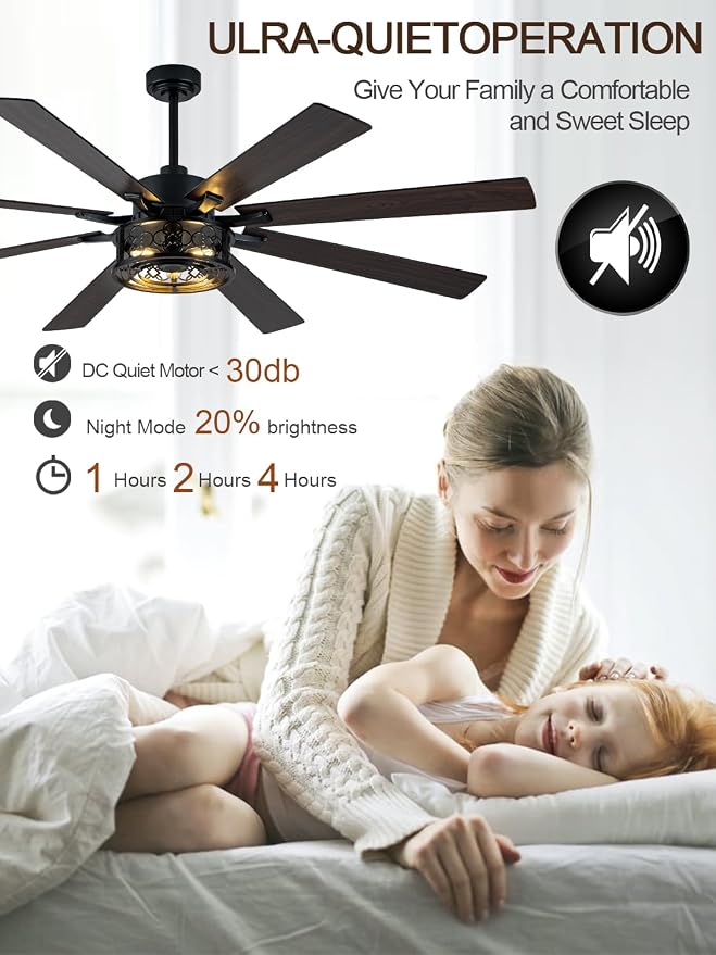 72" Farmhouse Ceiling Fan with Lights Remote Rustic Ceiling Fan | Black Caged Fandelier, Industrial Chandelier Light for Living Room Covered Porch, 8 Dual Blades Reversible DC Motor 6 Speeds