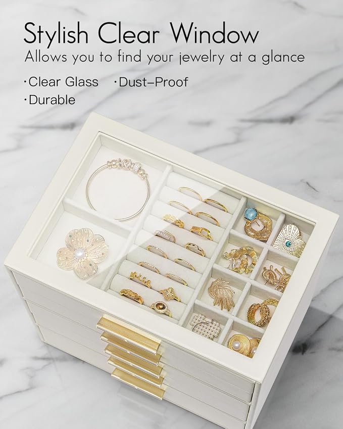 VLANDO 5 Layer Jewelry Box for Women, Glass Lid Jewelry Organizer with 5 Drawers for Necklaces Rings Earrings Bracelets - Cloud White