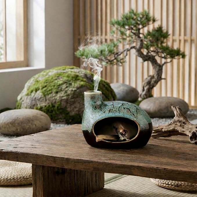 Handcrafted Ceramic Palo Santo Holder – Artistic Incense Burner for Meditation, Mindfulness and Zen Home Decor – Wabi-Sabi Style Cone Sculpture, Gift for Yoga, Relaxation & Aromatherapy (Viridis)