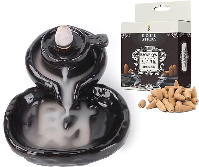 SOUL STICKS Backflow Incense Holder Burner Waterfall Fountain for Home, Office, Yoga, Room Decor & Aromatherapy with 1 Pack of 10 Backflow Fragrance Cones Included (Teapot)