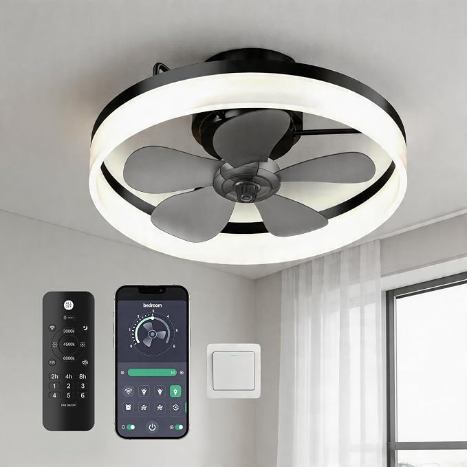 Ceiling Fans with Lights and Remote, 19.7" Dimmable LED, Black | Low Profile Ceiling Fan with Light, 6-Speed Reversible DC Motor, 3000K-6000K Fandelier for Bedroom, Living Room