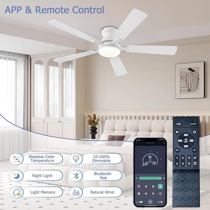Ayaoty 54 inch Ceiling Fans with Lights and Remote, Low Profile Ceiling Fan with Light, Flush Mount, Reversible, 3CCT, Dimmable, Noiseless, White Ceiling Fan for Bedroom, Indoor/Outdoor Use